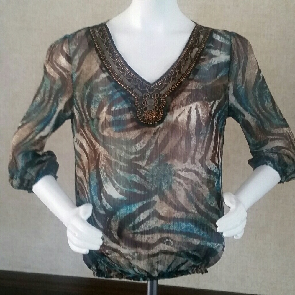 Brown & Teal Sheer Top by Zac & Rachel Size M